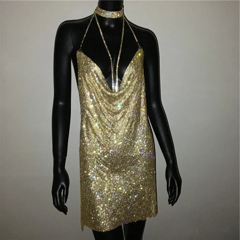 Sequin Rhinestone Backless Mini Dress For Nightclub Party
