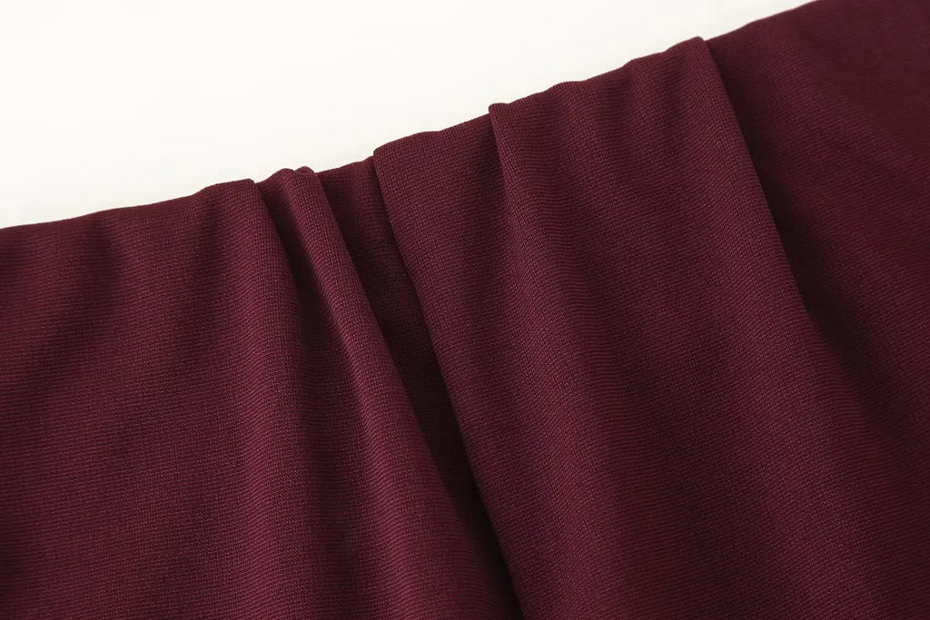 Casual Chic Red Women Elastic Two-Piece Set Long Sleeve Slim O Neck Top with High Waist Wide Leg Pants Stylish Spring Summer Outfit