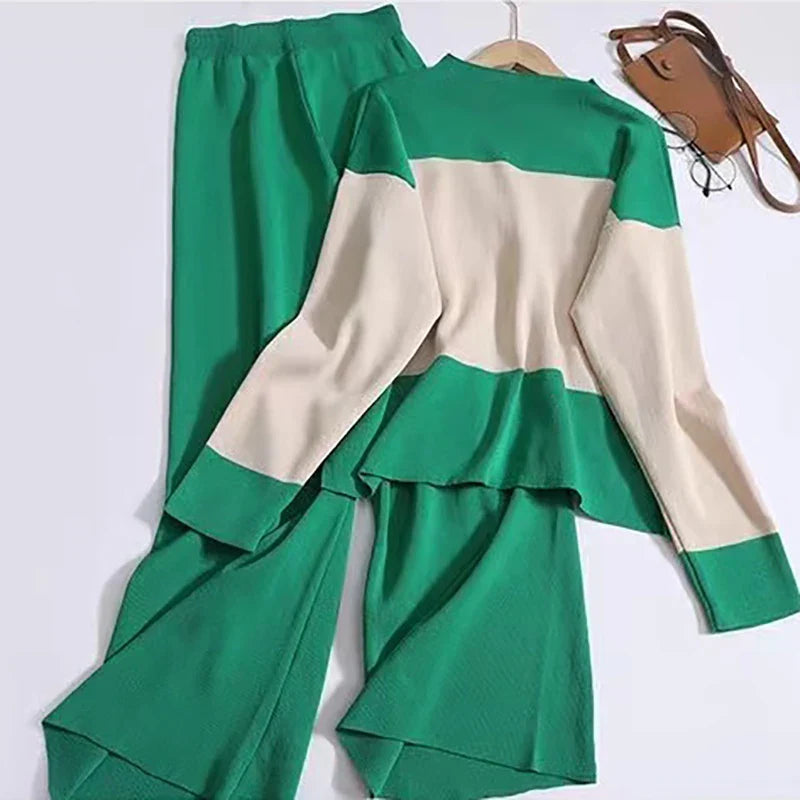 Women's Casual Sweater Set with Long Sleeve Tops and Color Block Design for Autumn and Winter