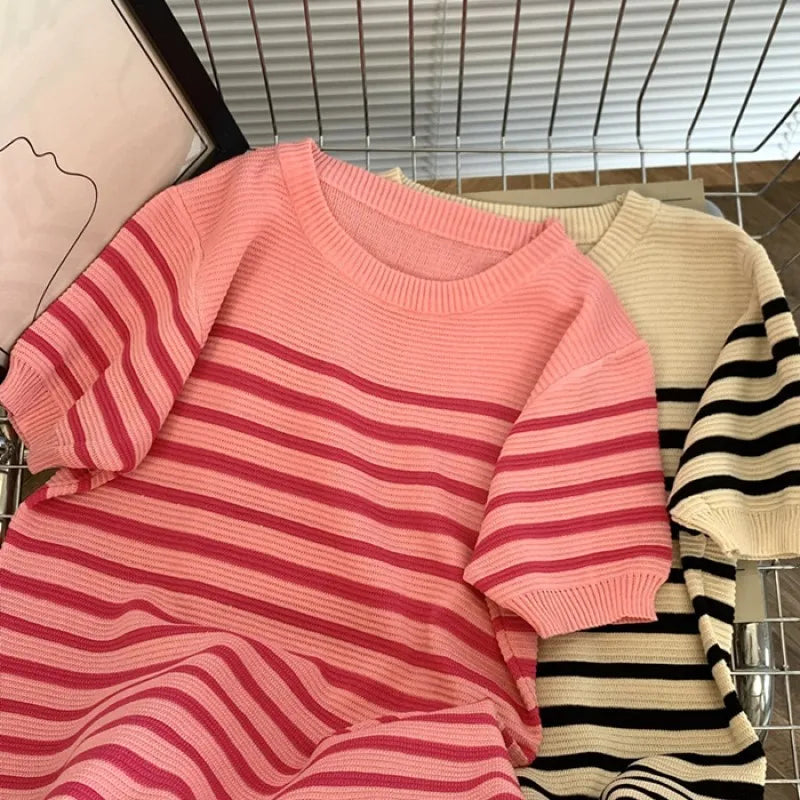 Summer Knit Bodycon Dress O Neck Short Sleeve Stripe Print