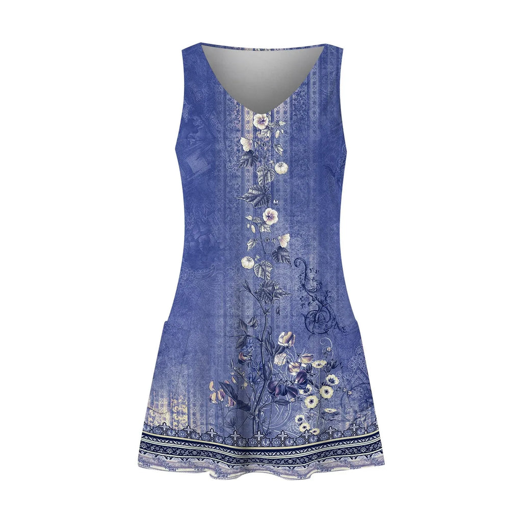 Boho Floral Knee Length Sundress With Pockets Loose