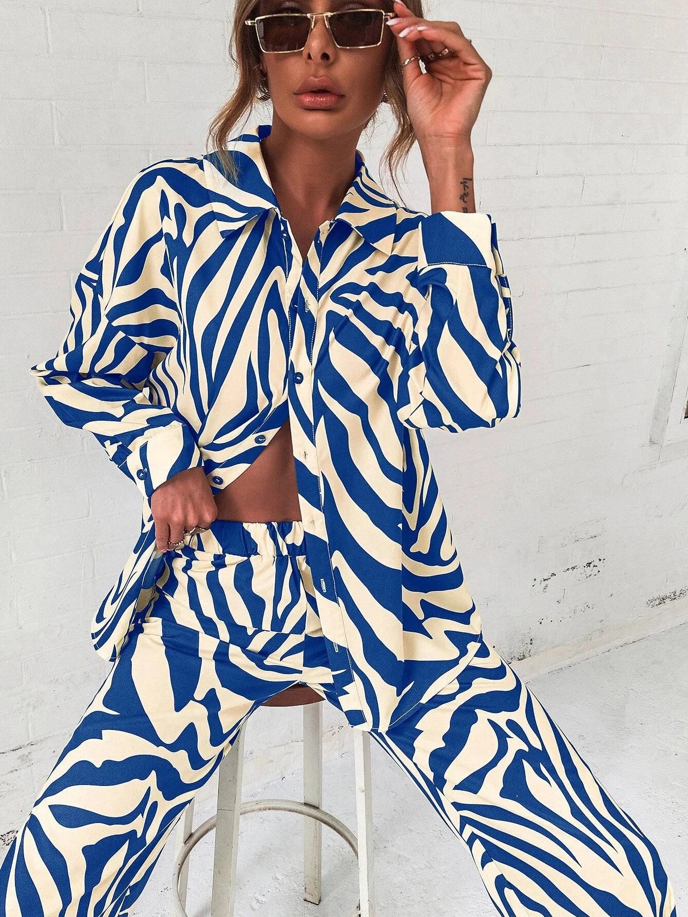 Trendy Print Off Shoulder Shirt and Trouser Set with Long Sleeve Design