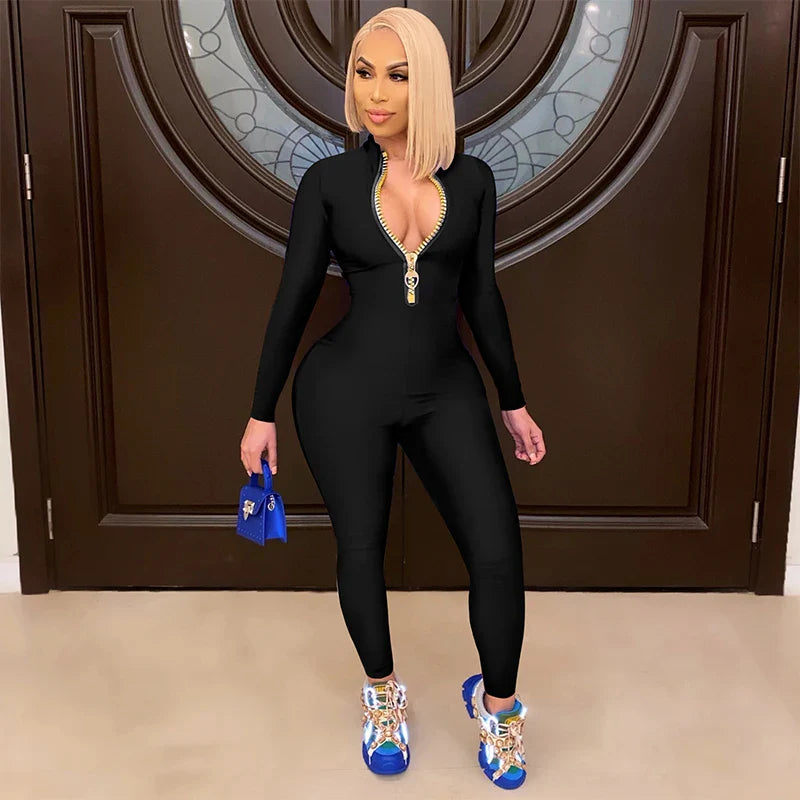 Women's Bodycon Jumpsuit with Zippered Long Sleeve Fit