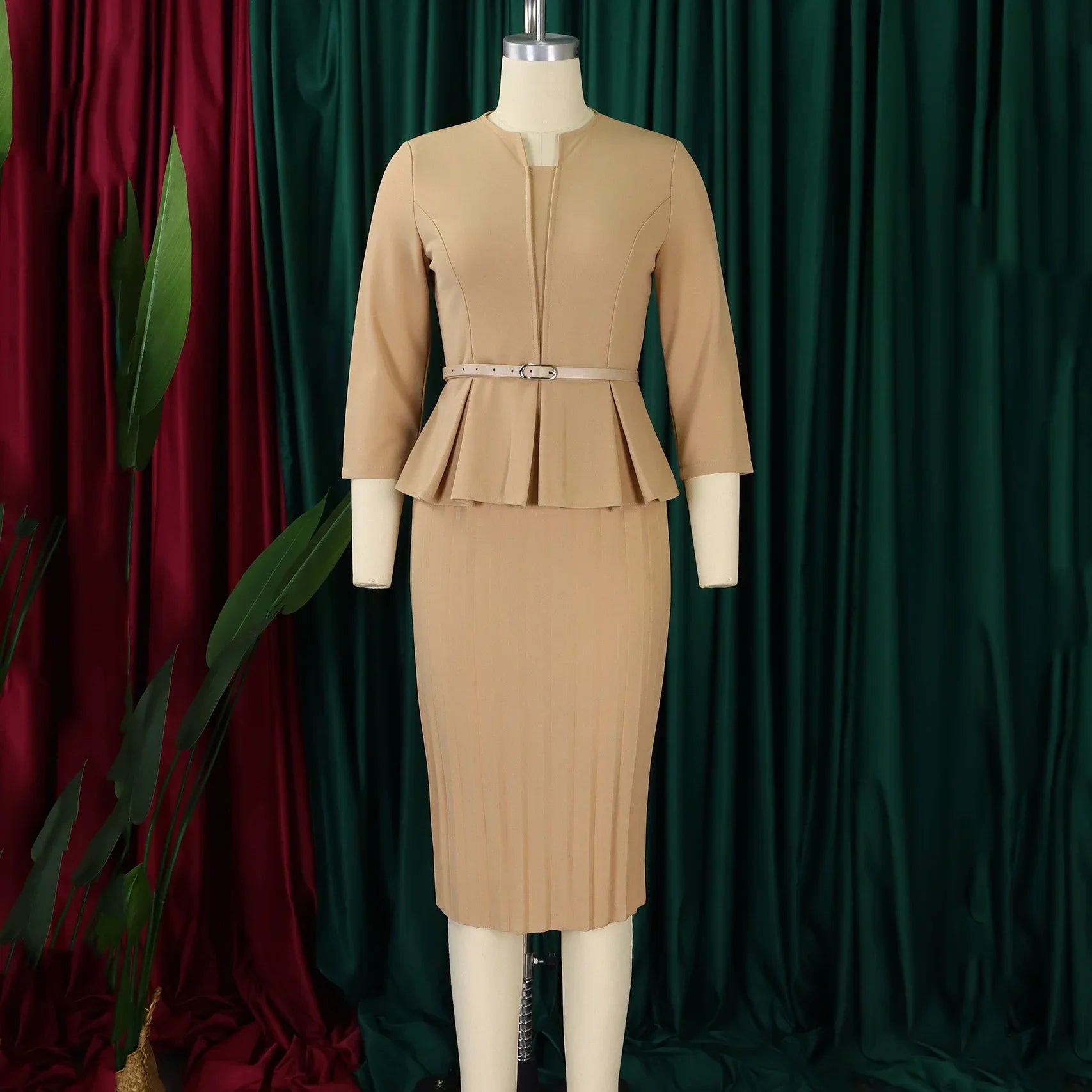 V Neck Office Sheath Dress For Women Belted Midi Style