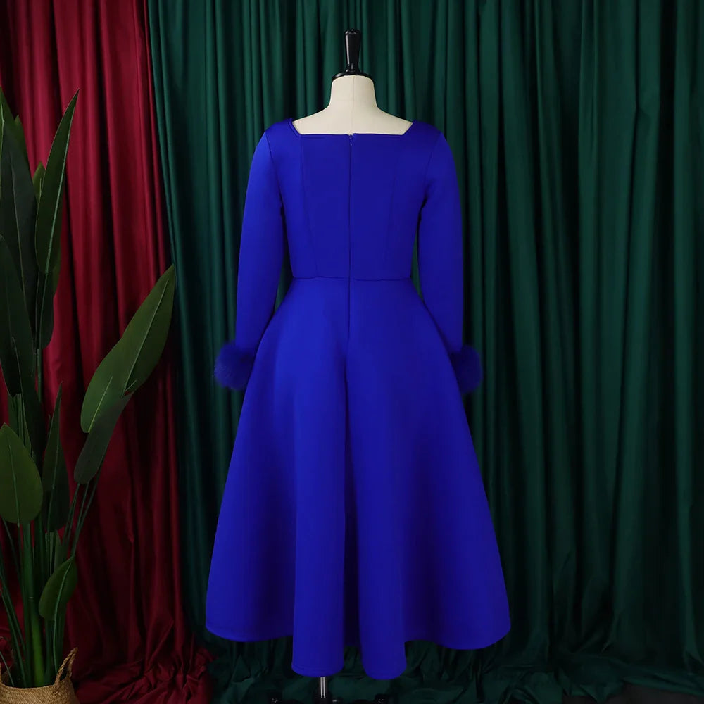 Square Neck Party Dress Women Pleated A Line Mid Calf