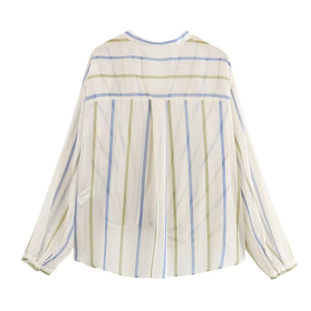 Women's Fashionable Casual Striped Lapel Shirt Long Sleeve Versatile Metal Tone Accent Autumn Blouse