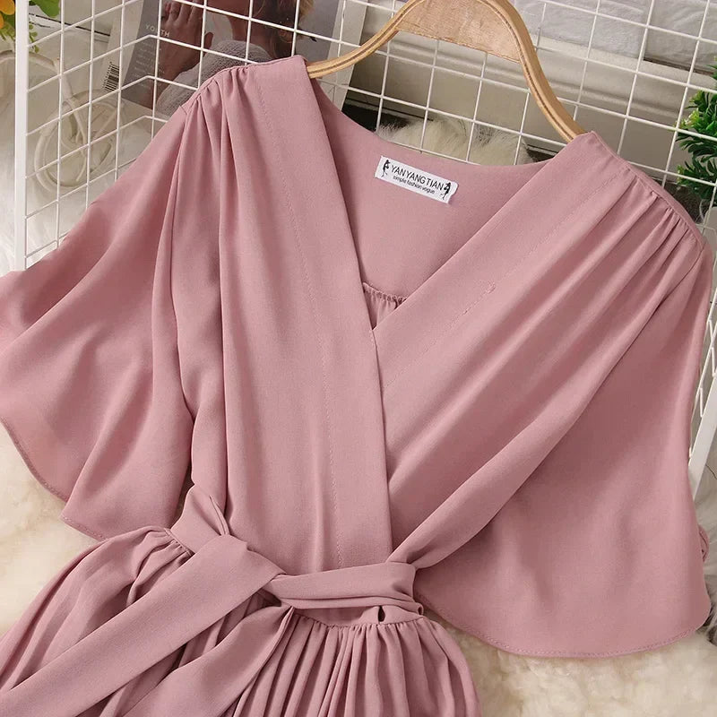 Chiffon Pleated Lace Up V Neck Dress For Women Summer