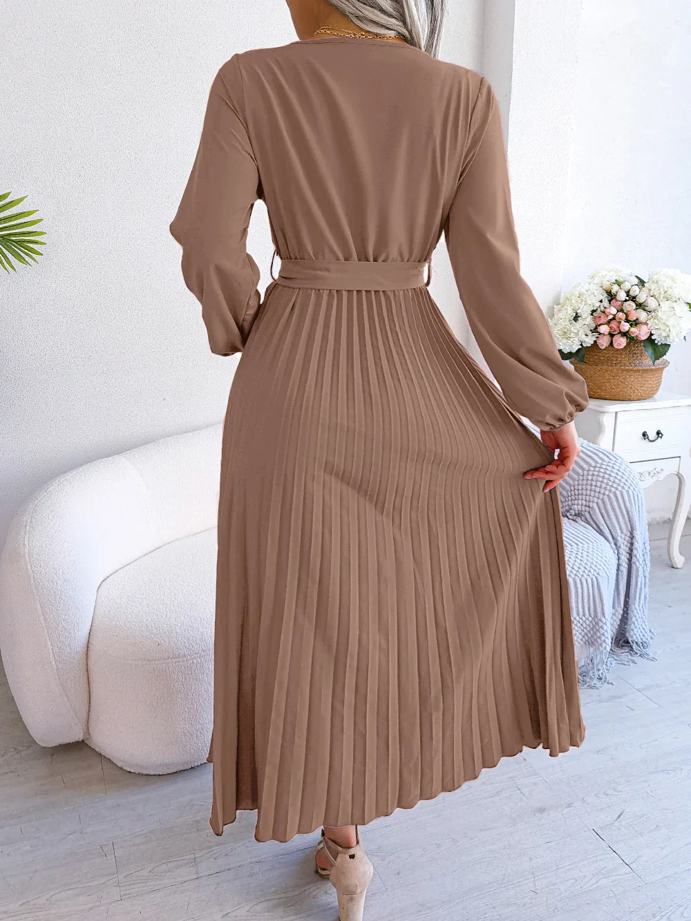 Elegant Surplice Neck Pleated Maxi Dress With Belt Flair