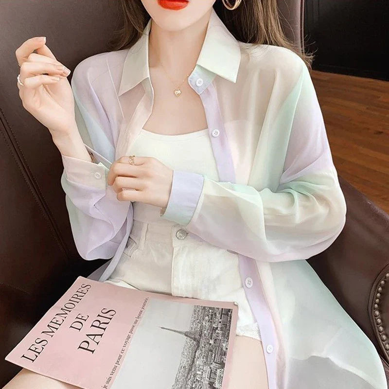Irregular Gradient Rainbow Color Sheer Turn-Down Collar Long Sleeve Loose Fit Women's Casual Blouse Top