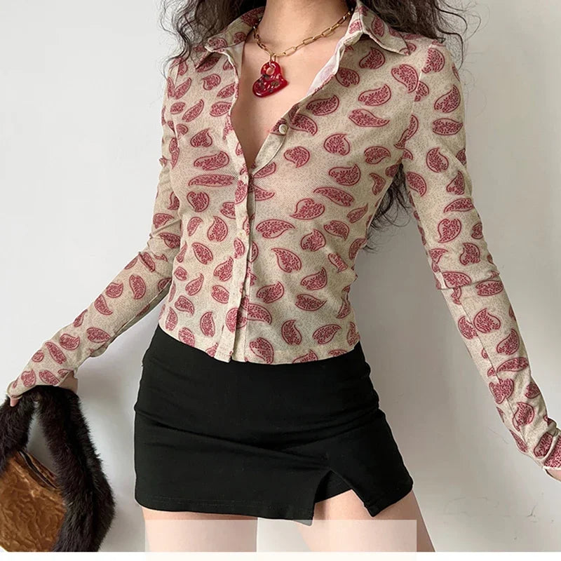 Women Printed Long Sleeve Blouse Turn-Down Collar Button-Up Cardigan Shirt Casual Office Top Vintage Autumn Fashion