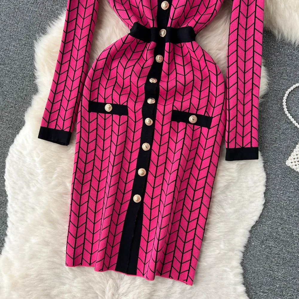 Autumn Plaid Knit Dress Women V Neck Elastic Waist Midi