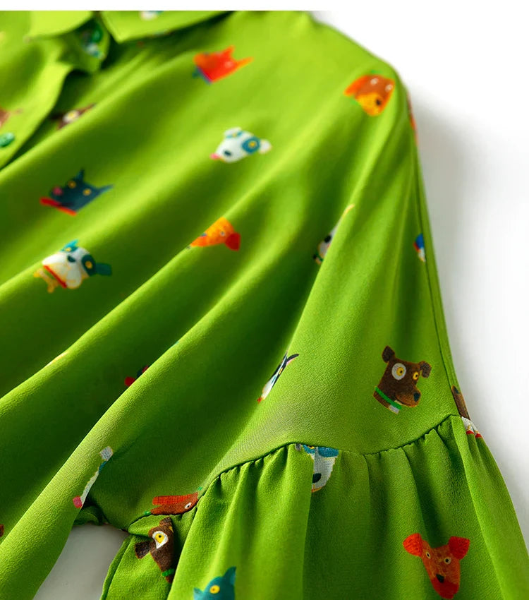 Women Shirt 100 Percent Mulberry Crepe Silk Green Lantern Sleeve Blouse with Cartoon Button Detail