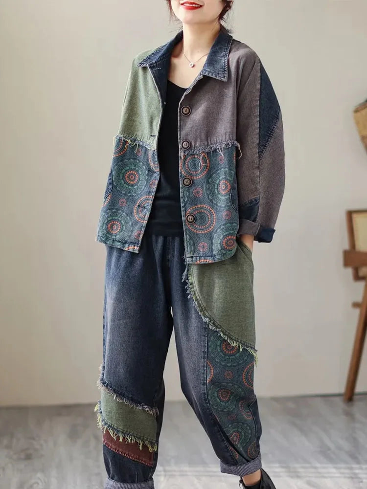 Womens Vintage Denim Two Piece Set with Printed Jacket and Casual Jeans