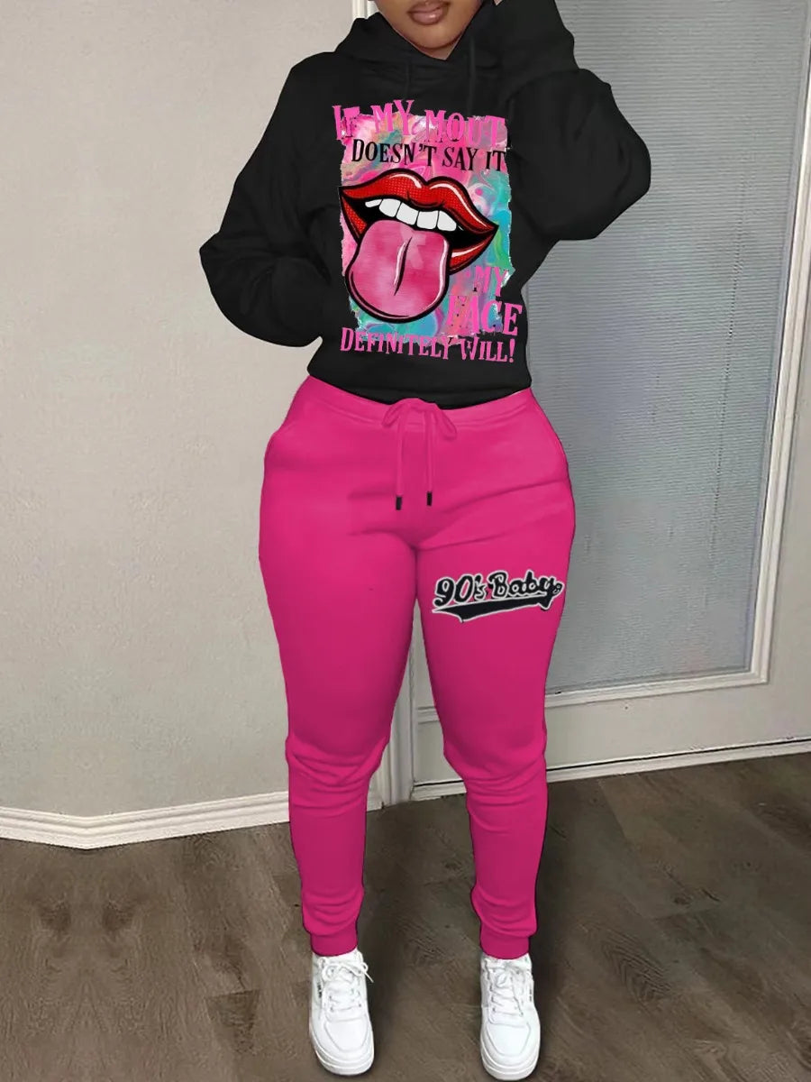 Kangaroo Pocket Hooded Tracksuit for Women - Casual Patchwork Long Sleeve Sweat Outfit