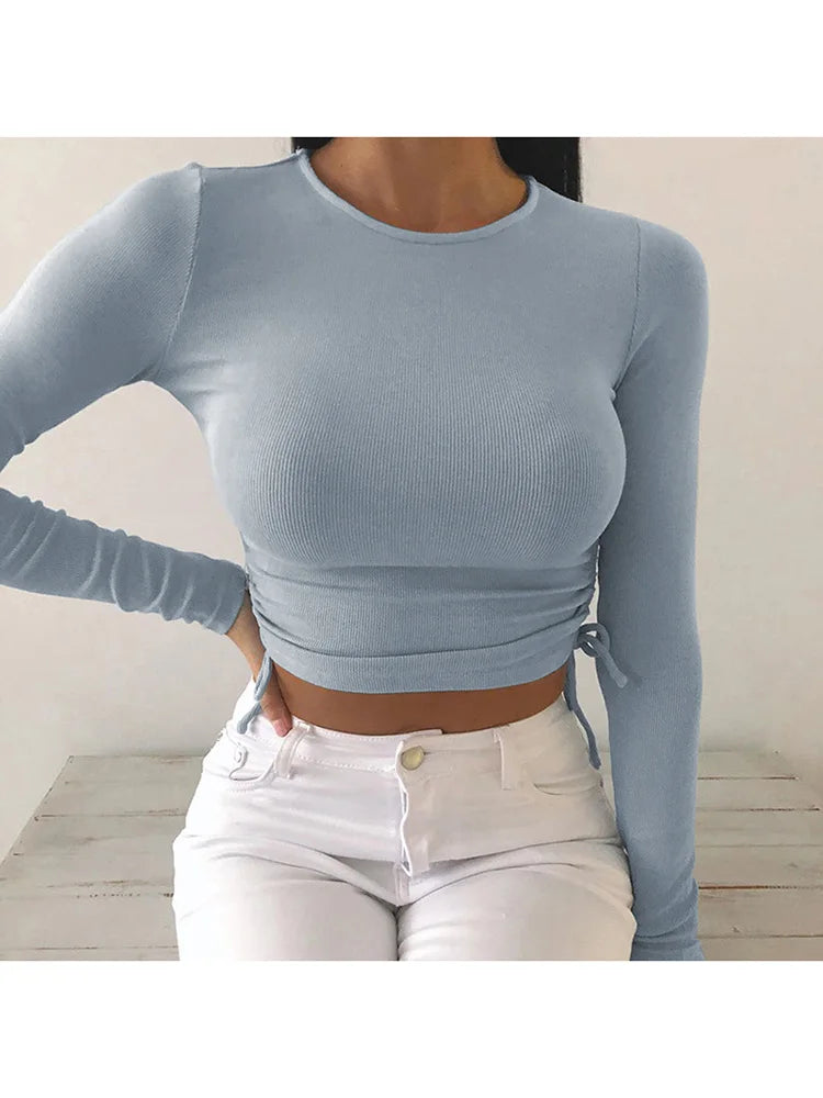 Sexy O-Neck Long Sleeve Bodycon Cropped Top with Irregular Drawstring Bandage Design for Women
