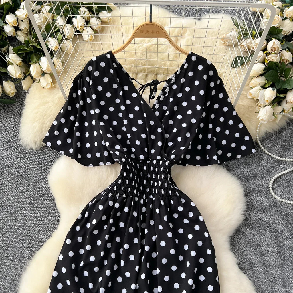 Elegant Polka Dot Romper for Women V-Neck Short Sleeve High Waist Wide Leg Jumpsuit Loose Fit Summer Playsuit