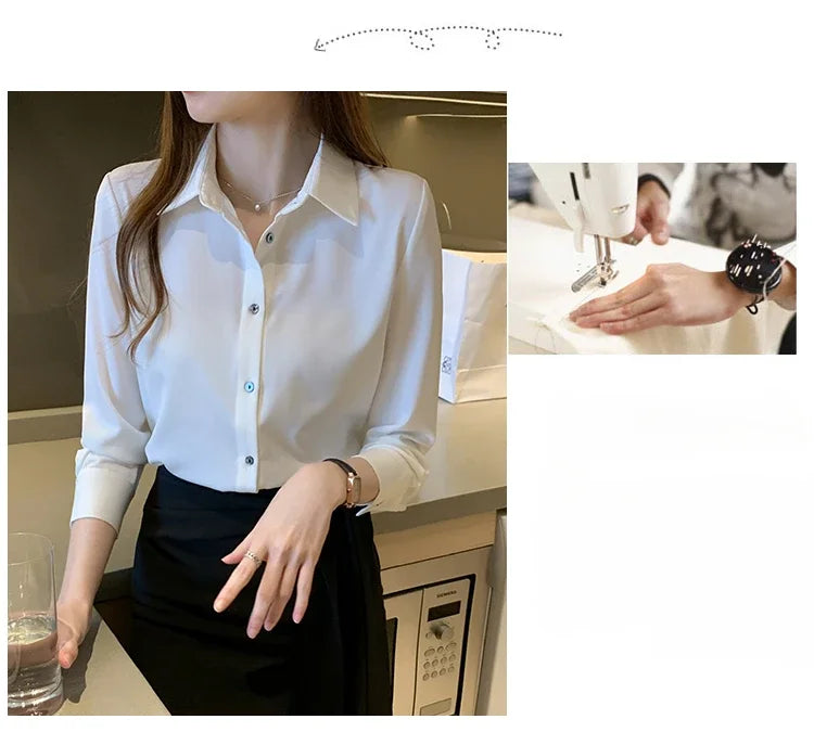 Elegant Satin Long Sleeve Blouse for Women Casual Office Shirt Solid White Basic Top