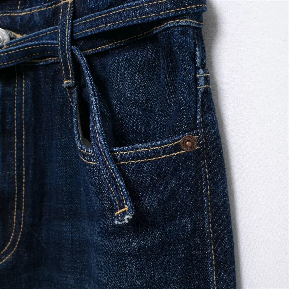 Loose Fitting Waist Belt Cotton Denim Long Jumpsuit for Women Comfortable Autumn and Winter Fashion