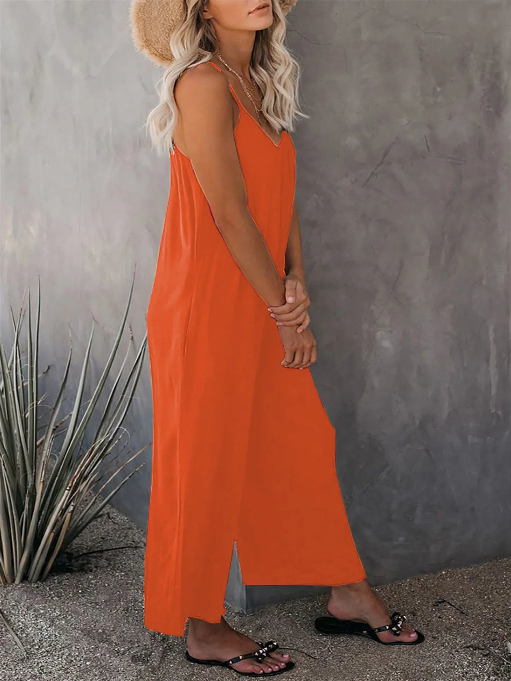 Women's Summer Strap Jumpsuit with Solid Color Design and Convenient Side Pockets Casual Lightweight Romper