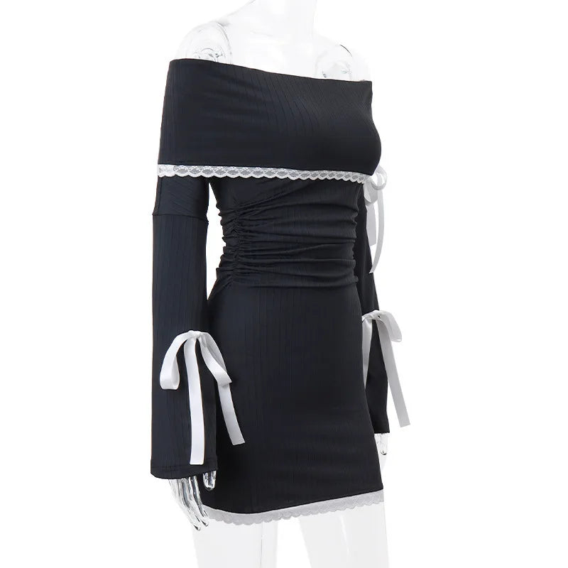 Black Lace Up Long Sleeve Knit Dress For Women Autumn