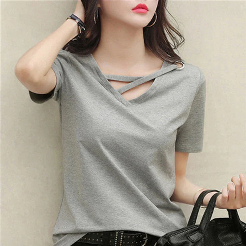 Casual Women V-Neck Loose White T-Shirt Summer Short Sleeve Polyester Top