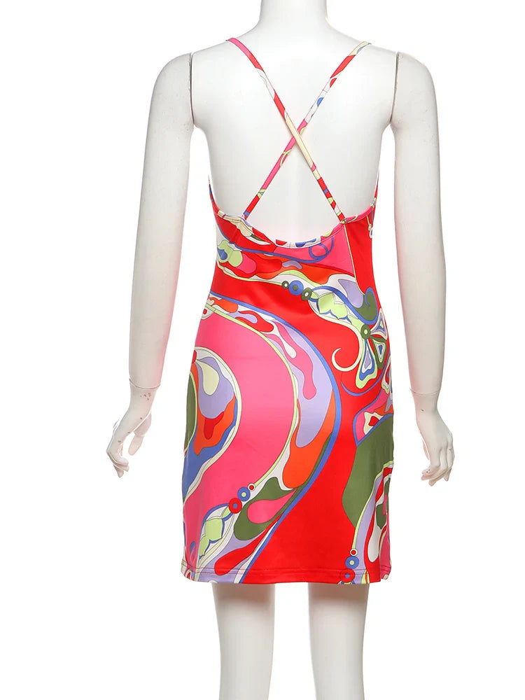 Colorful Print Backless Bodycon Dress Sleeveless Summer
