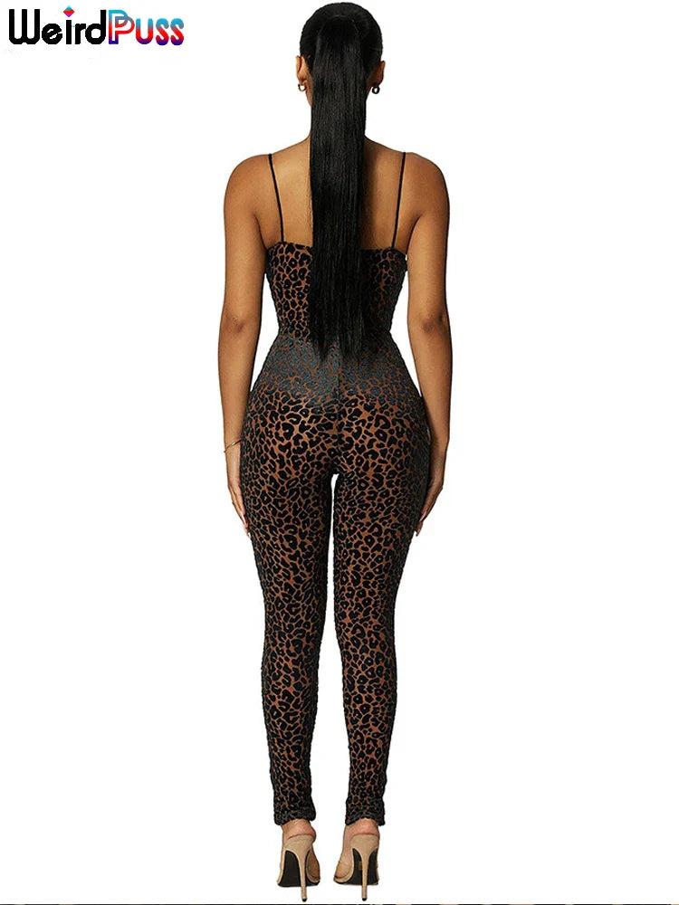 Sexy Leopard Print Skinny Jumpsuit for Women Sleeveless Backless Stretch Fit Workout Activewear Party Nightclub Outfit