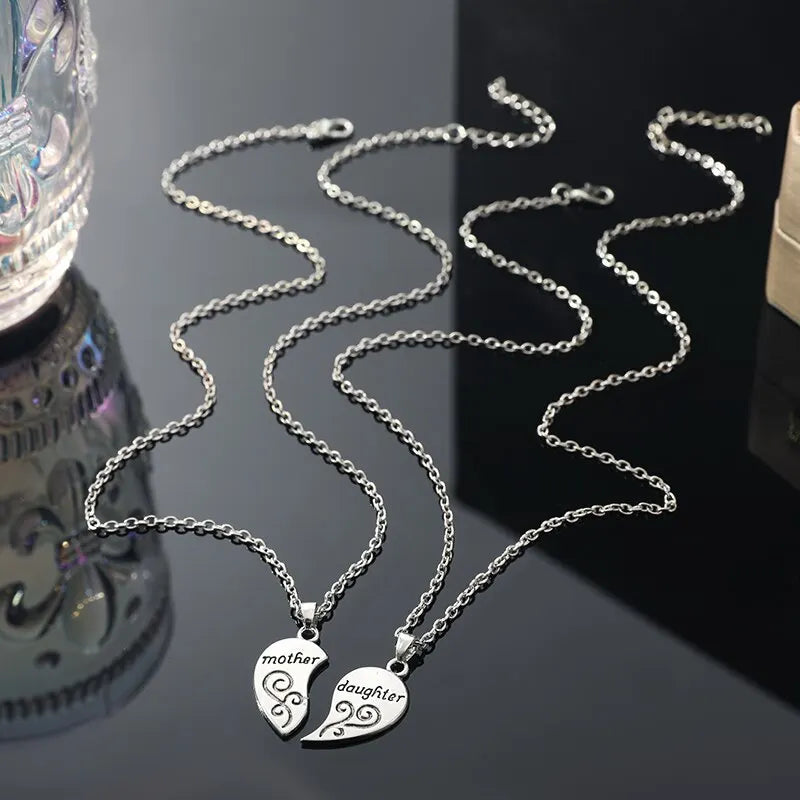 2pcs Antique Silver Plated Parent Child Necklace Set for Mother Daughter Love Jewelry