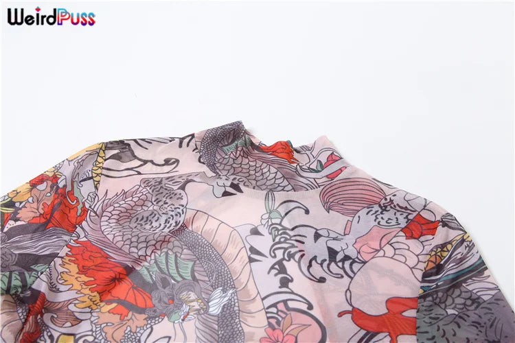 Women's Backless Dragon Print See-Through Jumpsuit Slim Stretch Short Sleeve Workout Overalls Clubwear