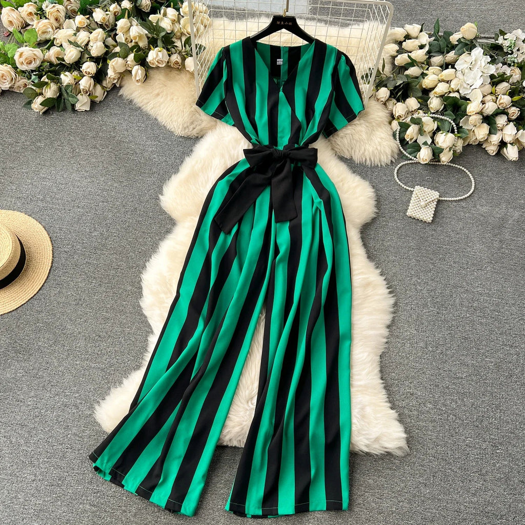 Sleeveless V Neck Stripe Jumpsuit for Women with Lace Up Bow Detail Summer Long Romper High Street Korean Inspired Style