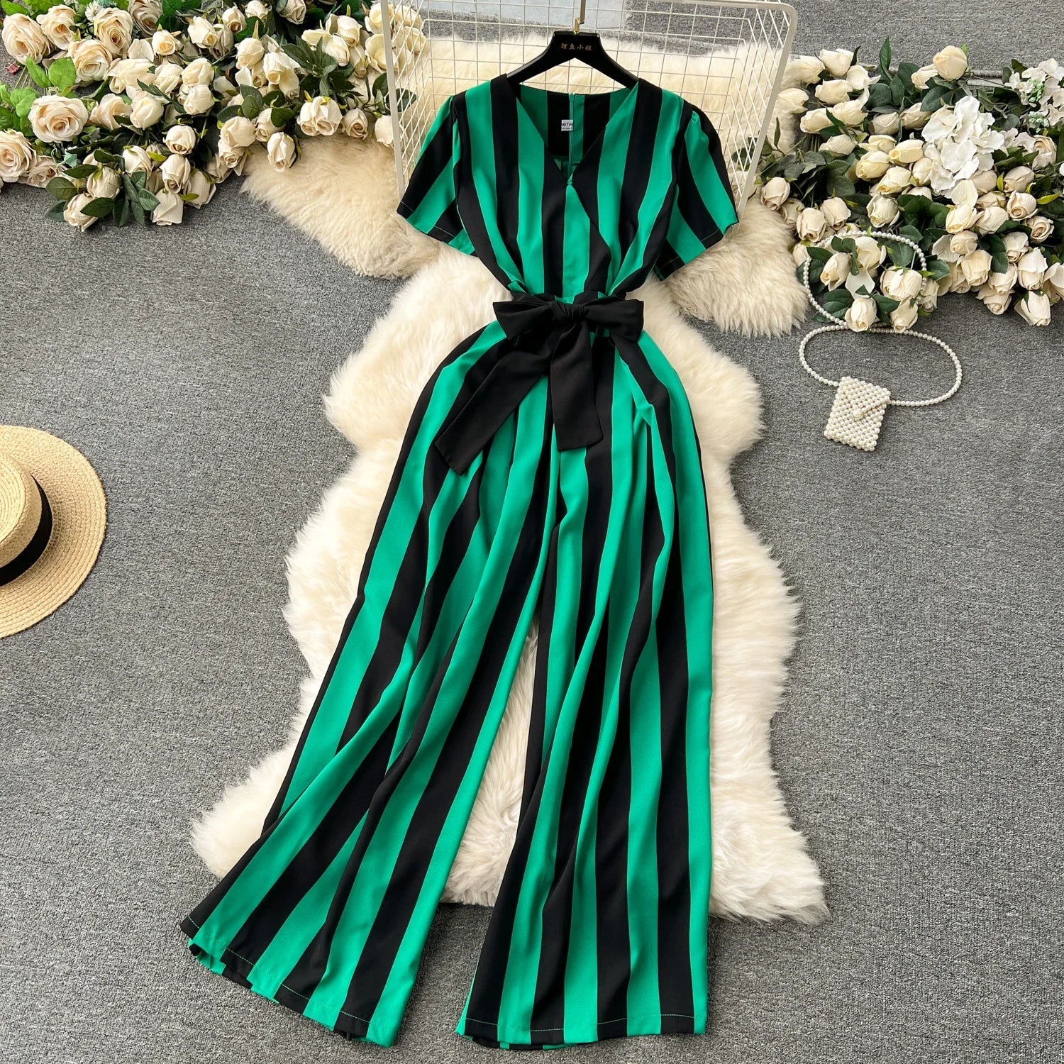 Sleeveless V Neck Stripe Jumpsuit for Women with Lace Up Bow Detail Summer Long Romper High Street Korean Inspired Style