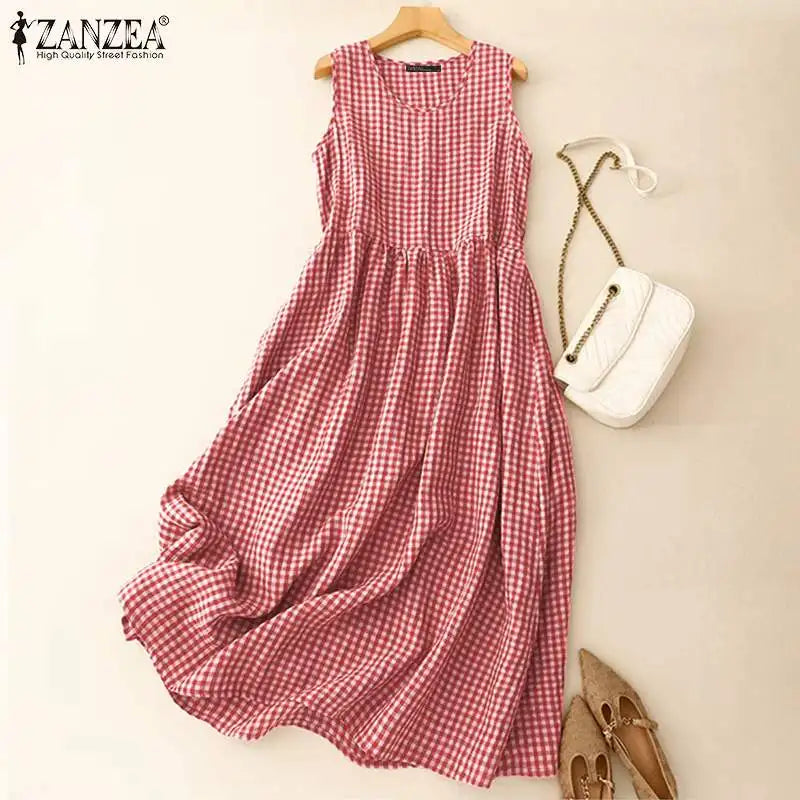 Gingham Midi Dress For Women Vintage Casual Aline Holiday