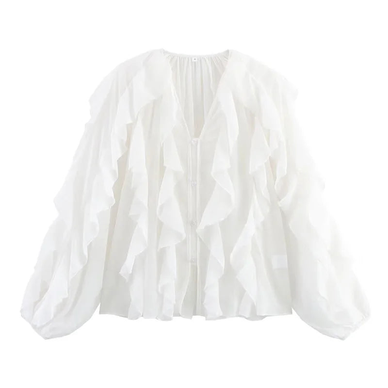 Women's Semi-Transparent V-Neck Tiered Decoration Long Sleeve Casual Shirt Blouse Top