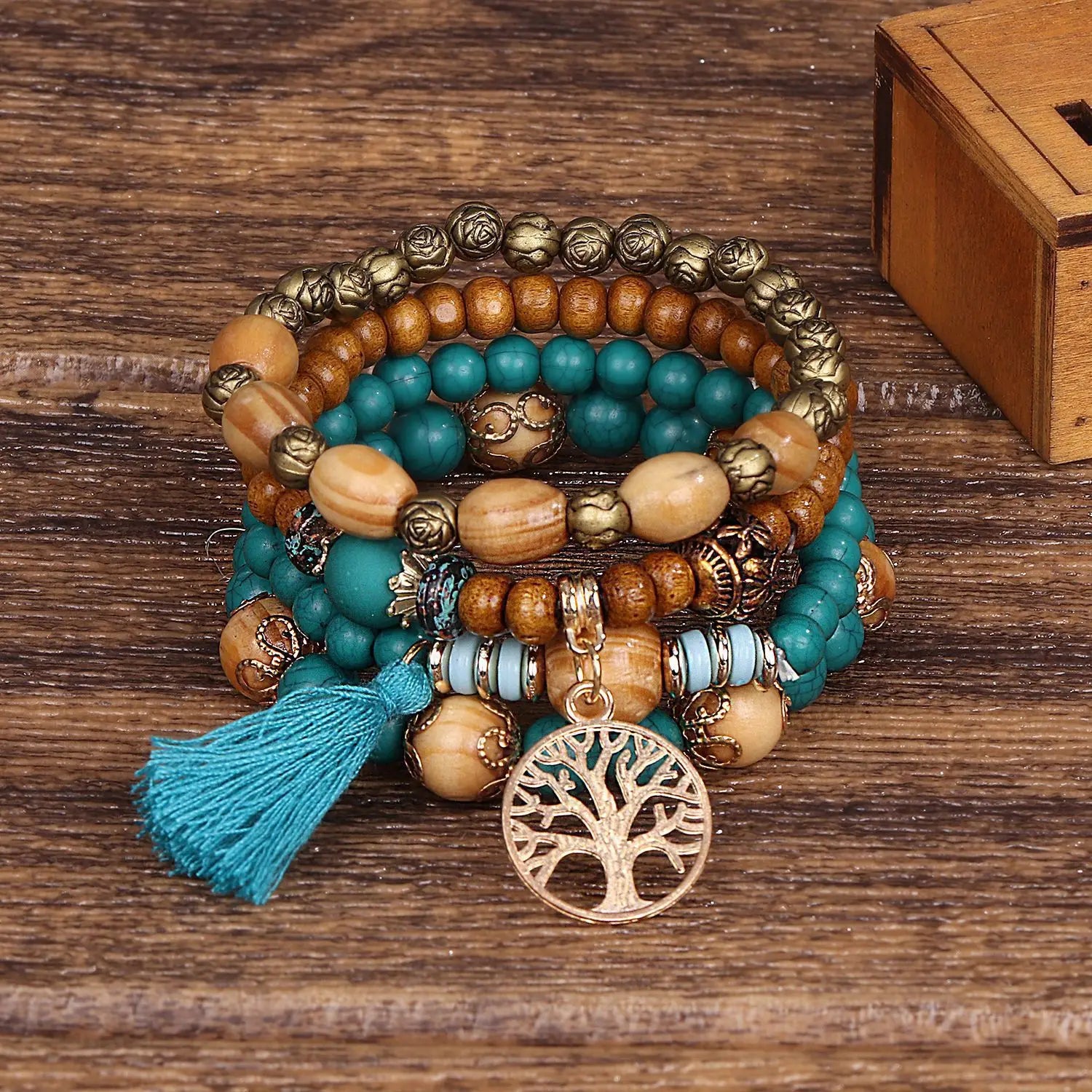 4Pcs Bohemian Tree Of Life Beaded Bracelet Set For Women Handmade Wood Beads Boho Jewelry