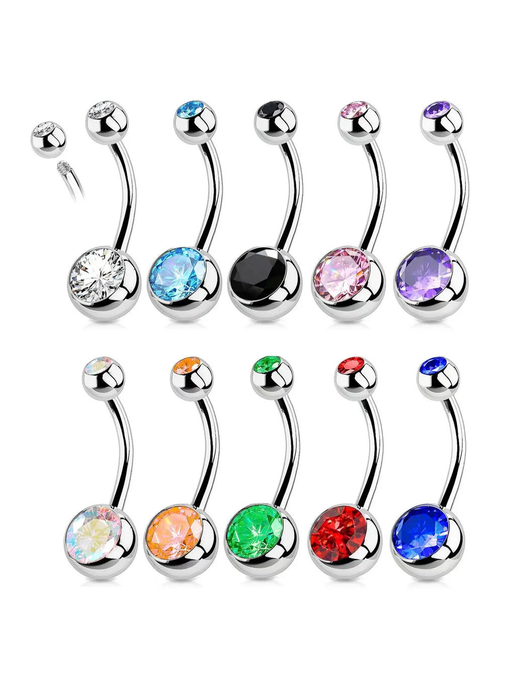 G23 Titanium Crystal Gem Curved Barbell Belly Button Rings for Navel Piercings