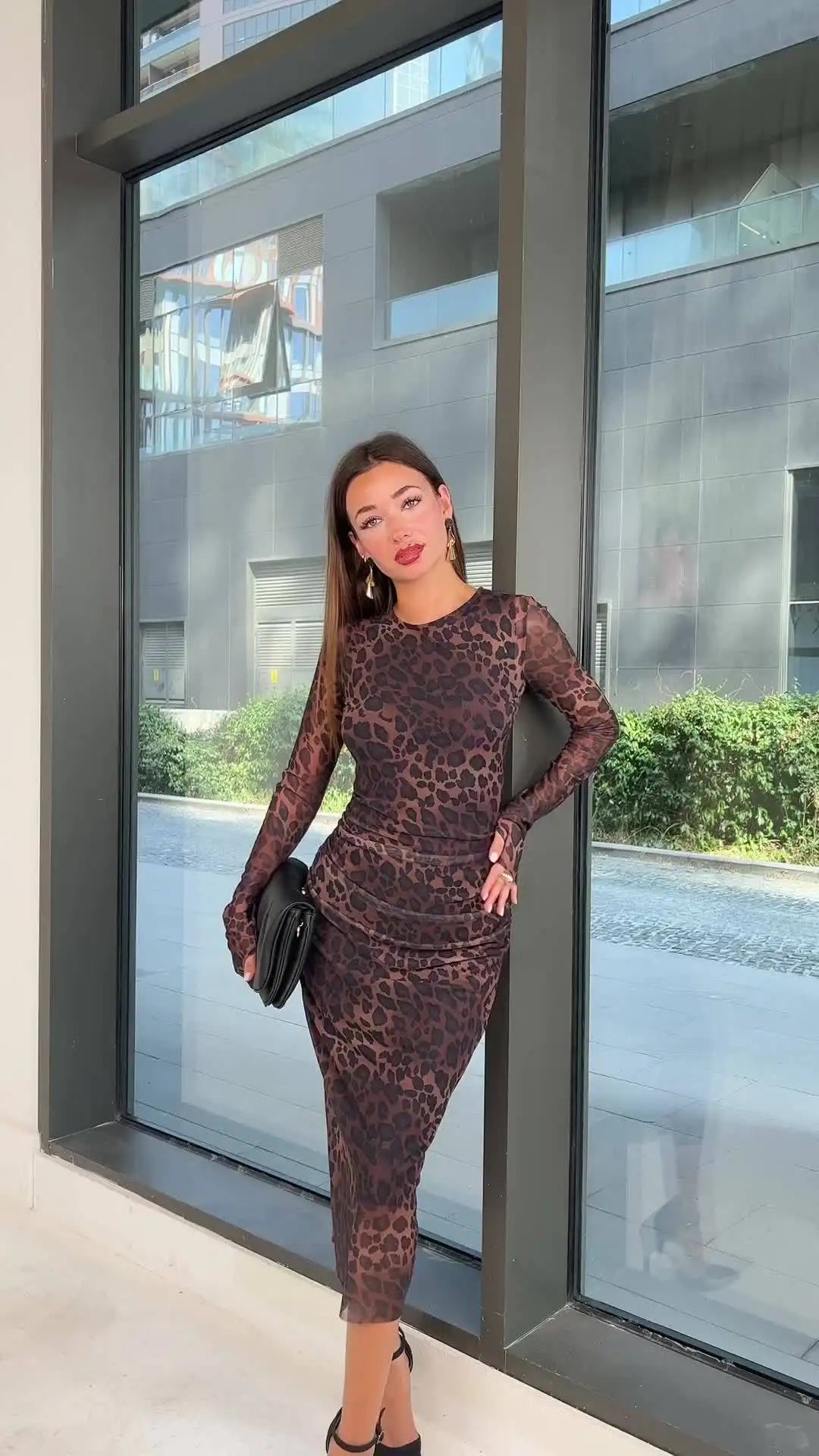 Leopard Print Bodycon Dress Retro Long Sleeve Party Dress