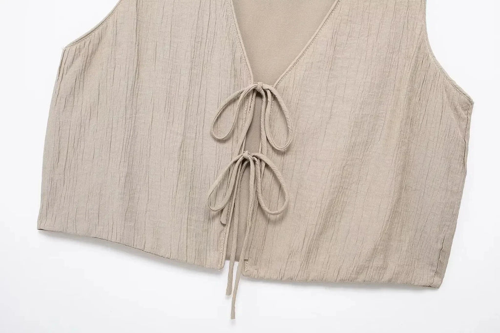 Women's Sleeveless V-Neck Lace-Up Cardigan Vest with Drawstring Pocket Casual Loose Skirt Two-Piece Set