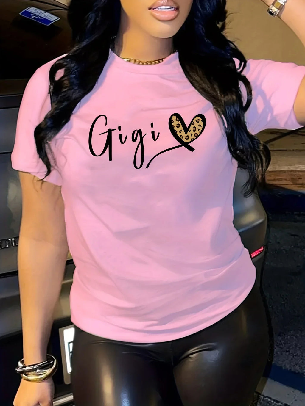 Gigi Letter Heart Print Casual T-Shirt for Women, Crew Neck Short Sleeve Everyday Top