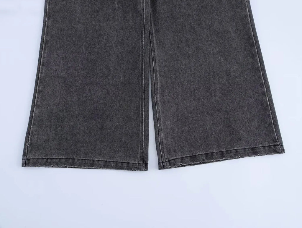 Casual Denim Two Piece Set with Elastic Waist Wide Leg Pants and Polo Collar Long Sleeve Top Loose Fit Stylish Outfit