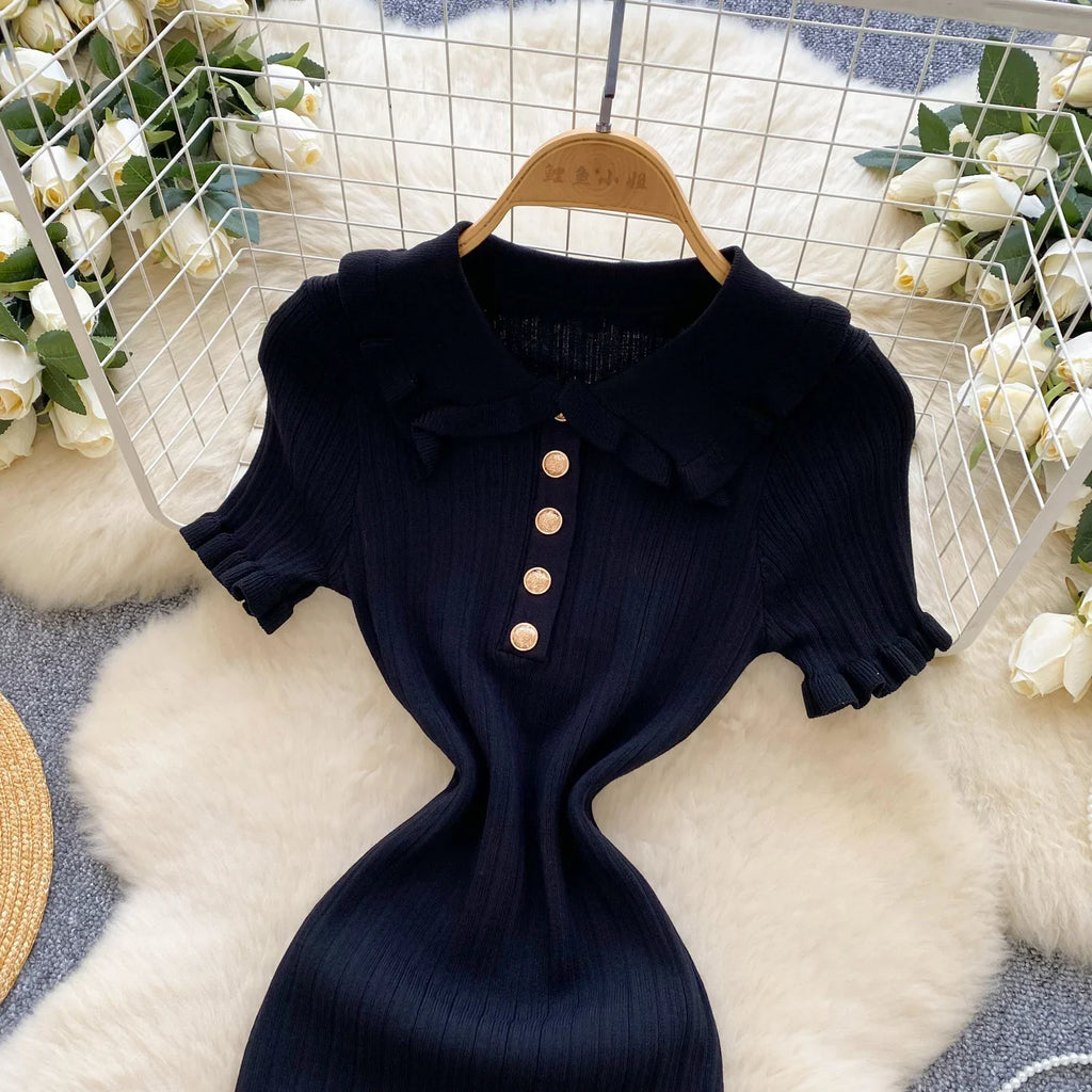 Ruffles Knit Wrap Dress For Women Summer Short Sleeve Casual