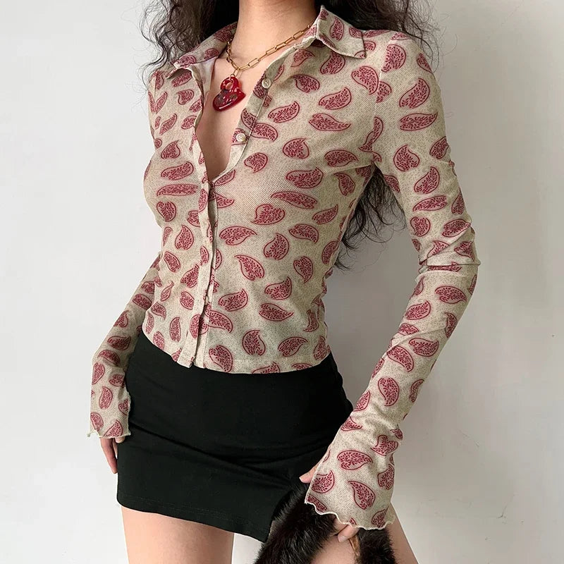 Women Printed Long Sleeve Blouse Turn-Down Collar Button-Up Cardigan Shirt Casual Office Top Vintage Autumn Fashion