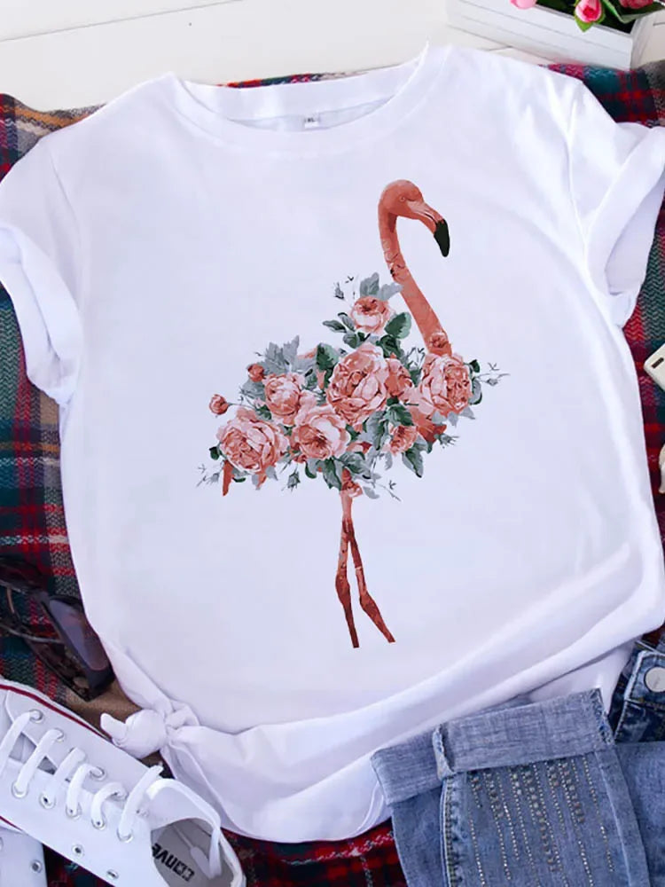 Graphic Printed T Shirt for Women with Leopard Love Design and Heart Print Short Sleeve Tee