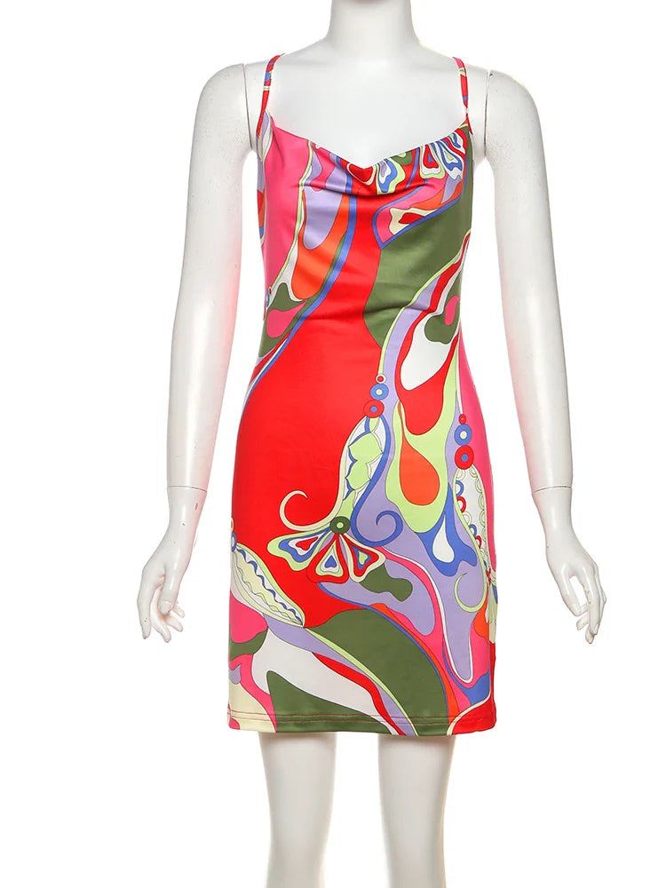 Colorful Print Backless Bodycon Dress Sleeveless Summer