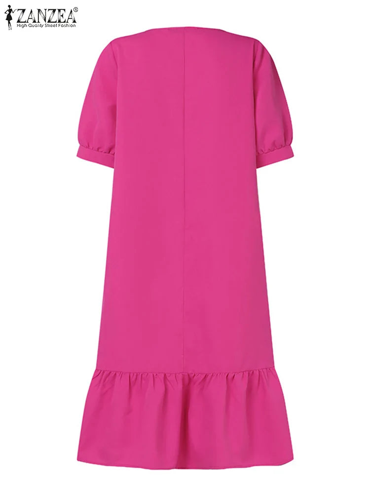 Knee Length Puff Sleeve Dress Women Casual A Line Style