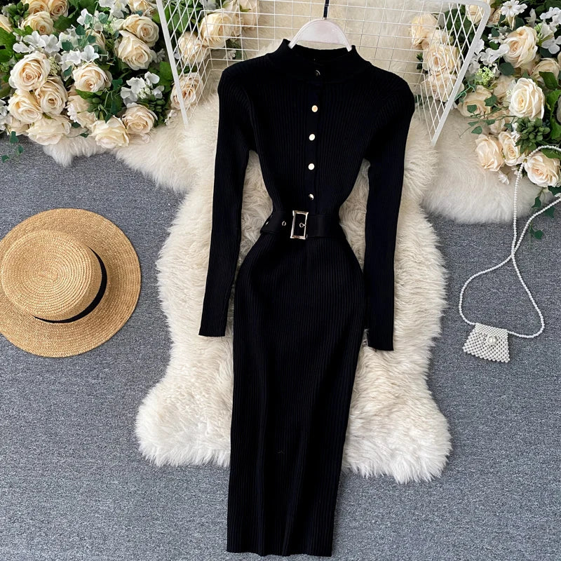 Womens Winter Knitted Dress Stand Collar With Sash Belt