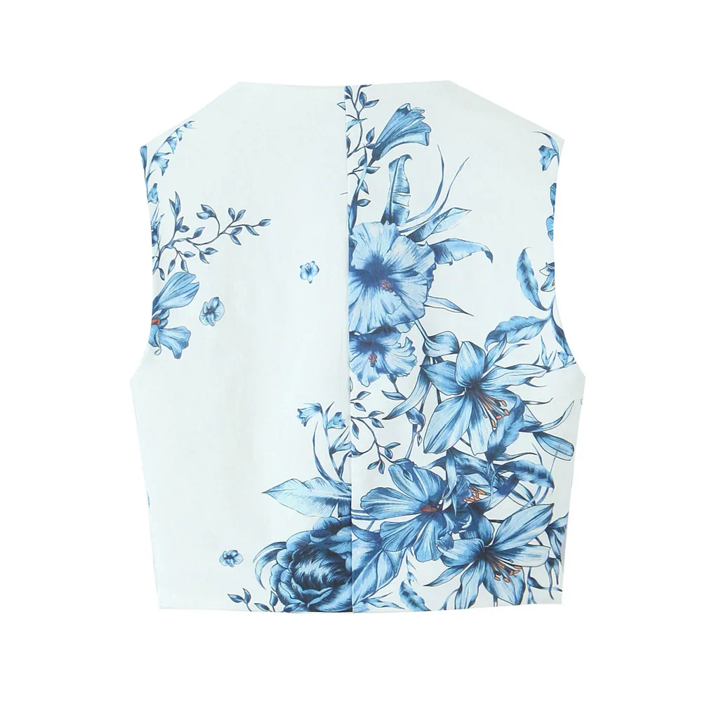 Women's Sleeveless Floral Print Crop Top and Midi Skirt Set in White with Blue Flowers for Chic Summer Style