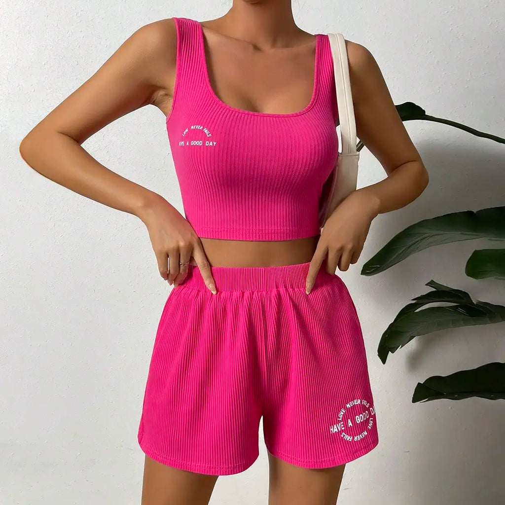 Elegant Fashion Women Two Piece Set Square Collar Halter Belt Knit Ribbed No Loop Casual Shorts Matching Outfit