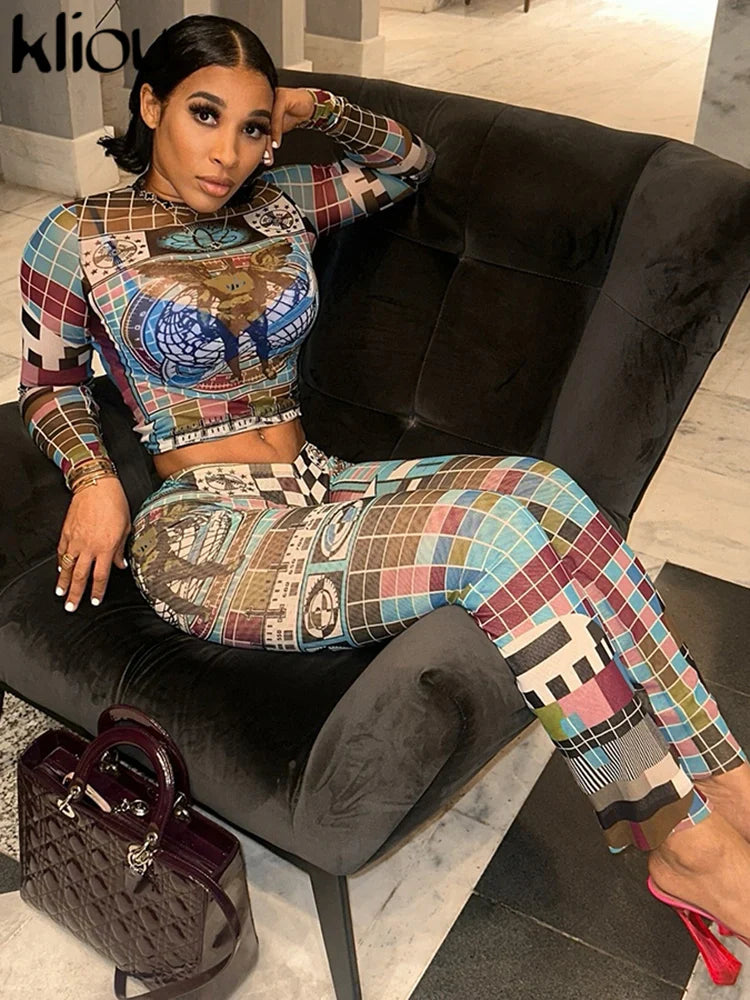 Aesthetic Vintage Hipster Two-Piece Set for Women Autumn Full Sleeve O-Neck Top with High Waist Matching Pants Chic Clubwear Ensemble