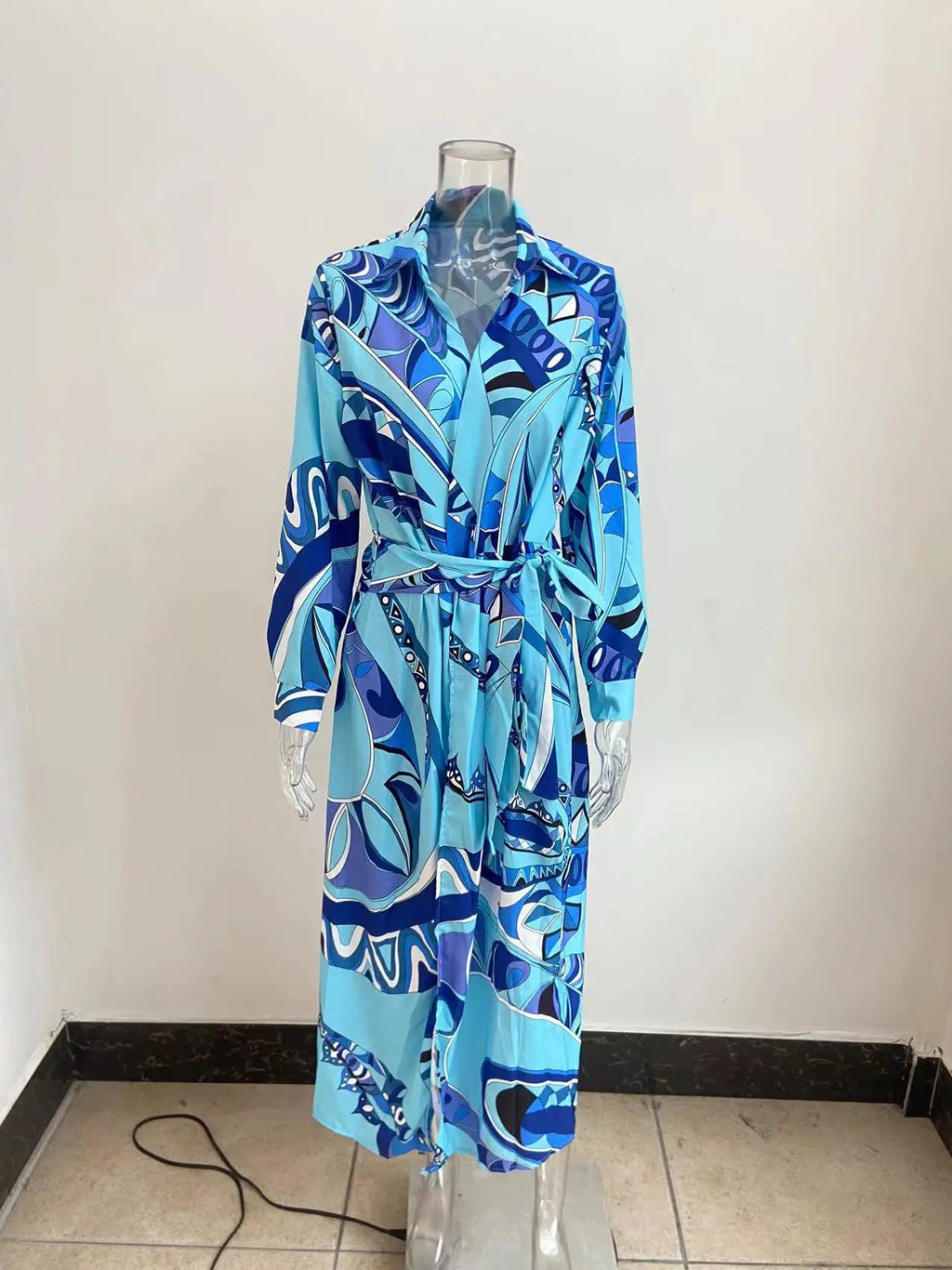 Printed Striped Shirt Collar Midi Dress For Women Everyday