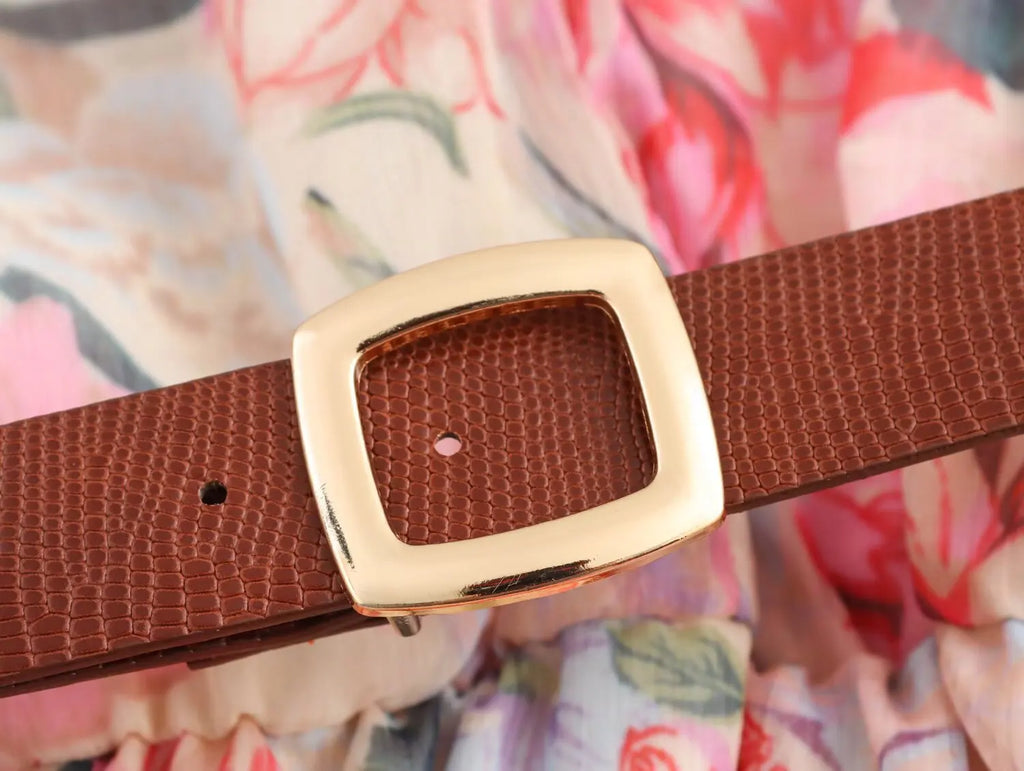 Floral Print Midi Dress With High Neck And Tie Front Belt